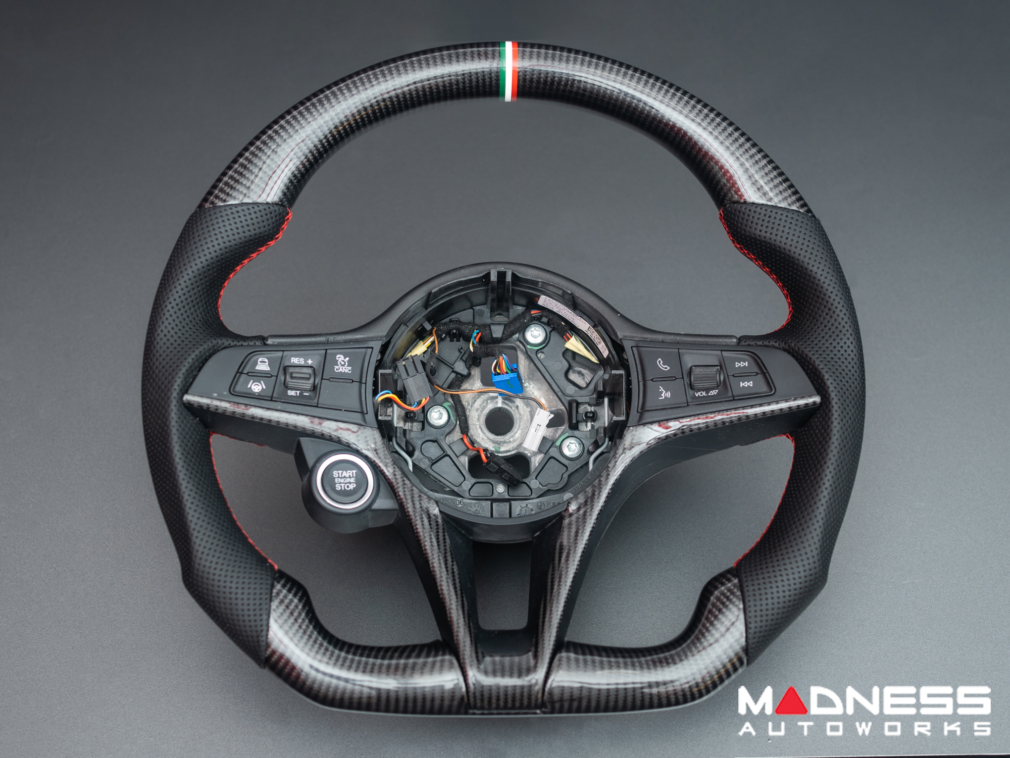 Alfa Romeo Stelvio Custom Steering Wheel - Carbon Fiber - Round Top/ Flat Bottom - w/ Italian Stripe - Non QV Models - Perforated Leather 